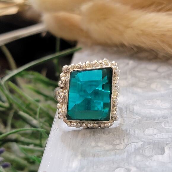 Teal Stone Statement rings, Sterling Silver Ring 0.72 Inch Stone, Size 8.75 - Picture 7 of 10